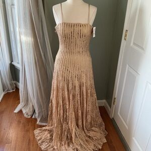 Elegant Beige Lace Spaghetti-Strap Evening Dress